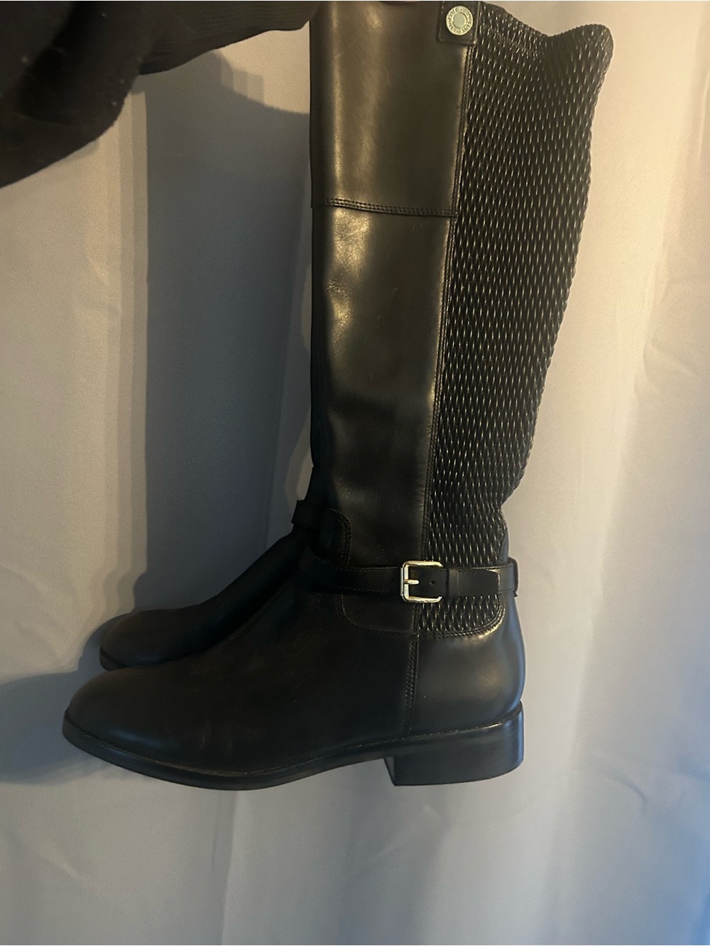 Cole Haan Black Tall Riding Boots with Quilted Back and Buckle Accent